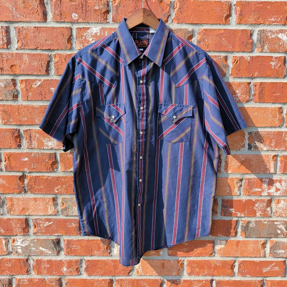 Plains Western Wear Shirt Mens Large Navy Blue Striped Pearl Snap Short Sleeve